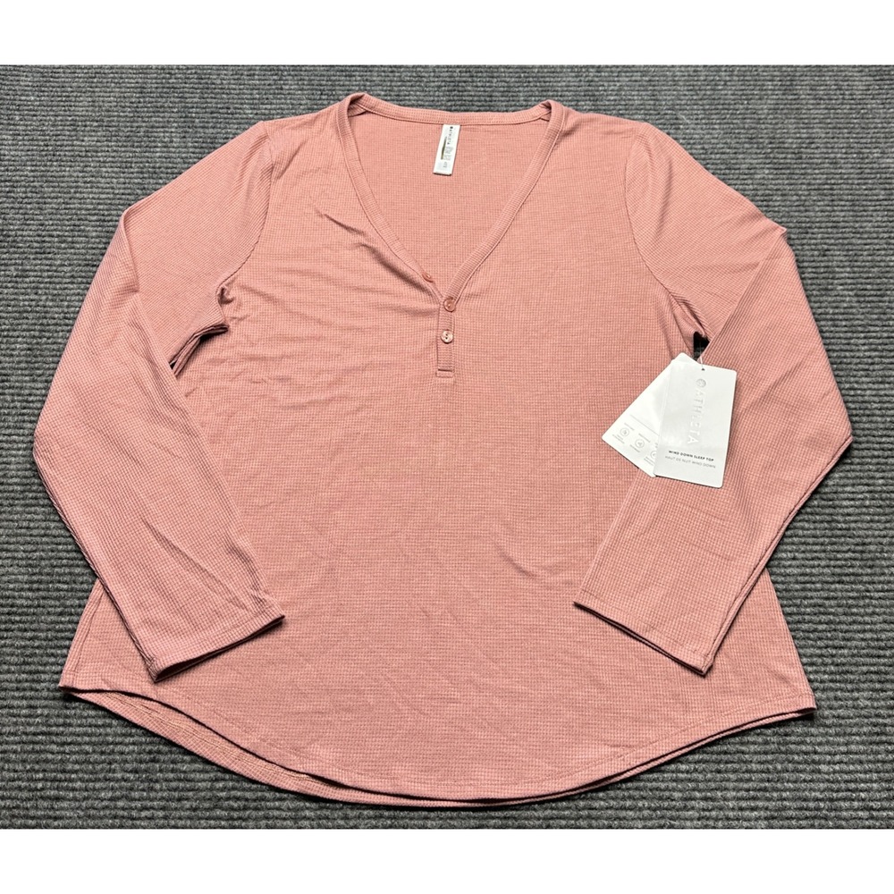 Athleta Wind Down Sleep Top Women XL Pink Long Sleeve Henley Waffle Knit
